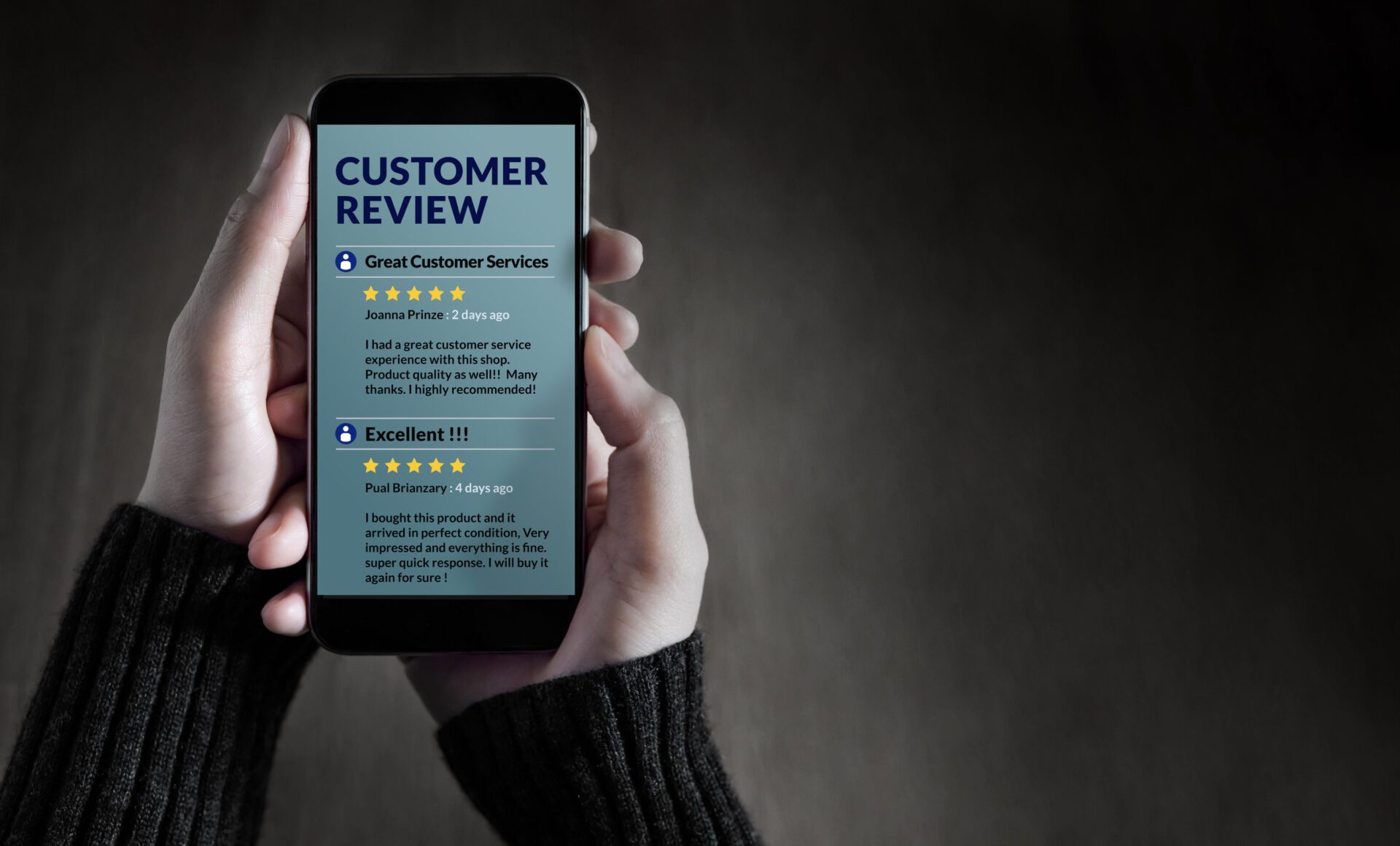 Customer Experience and Online Review Concept. Female holding Sm Reviews